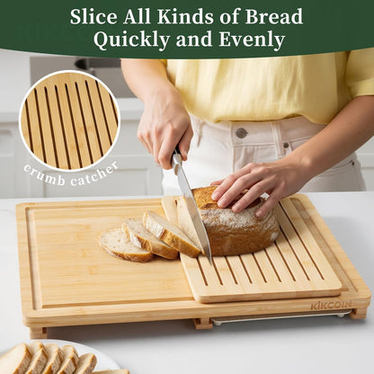 Bamboo Cutting Board Set with Defrosting Tray, Wood Cutting Boards for Kitchen with Deep Juice Grooves & Built-in Organizer Meal Prep Charcuterie& Chopping Board for Meat, Vegetables and Bread
