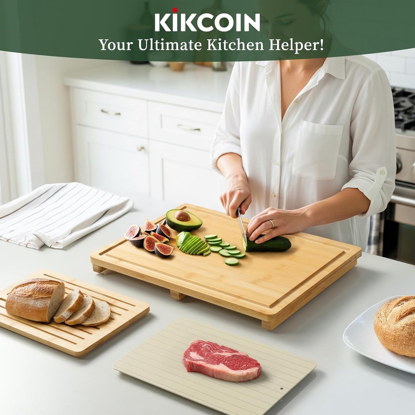 Bamboo Cutting Board Set with Defrosting Tray, Wood Cutting Boards for Kitchen with Deep Juice Grooves & Built-in Organizer Meal Prep Charcuterie& Chopping Board for Meat, Vegetables and Bread