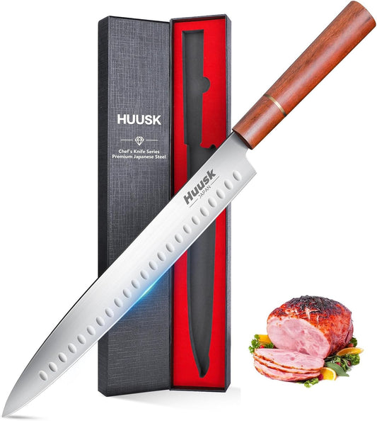 Huusk 12" Brisket Carving Knife, Ultra Sharp Slicing Knife for Meat | Granton Edge, Stainless High Carbon Steel, Meat Trimming Knife for BBQ, Turkey, Rib Roast, Gift for Chef Smoker Men