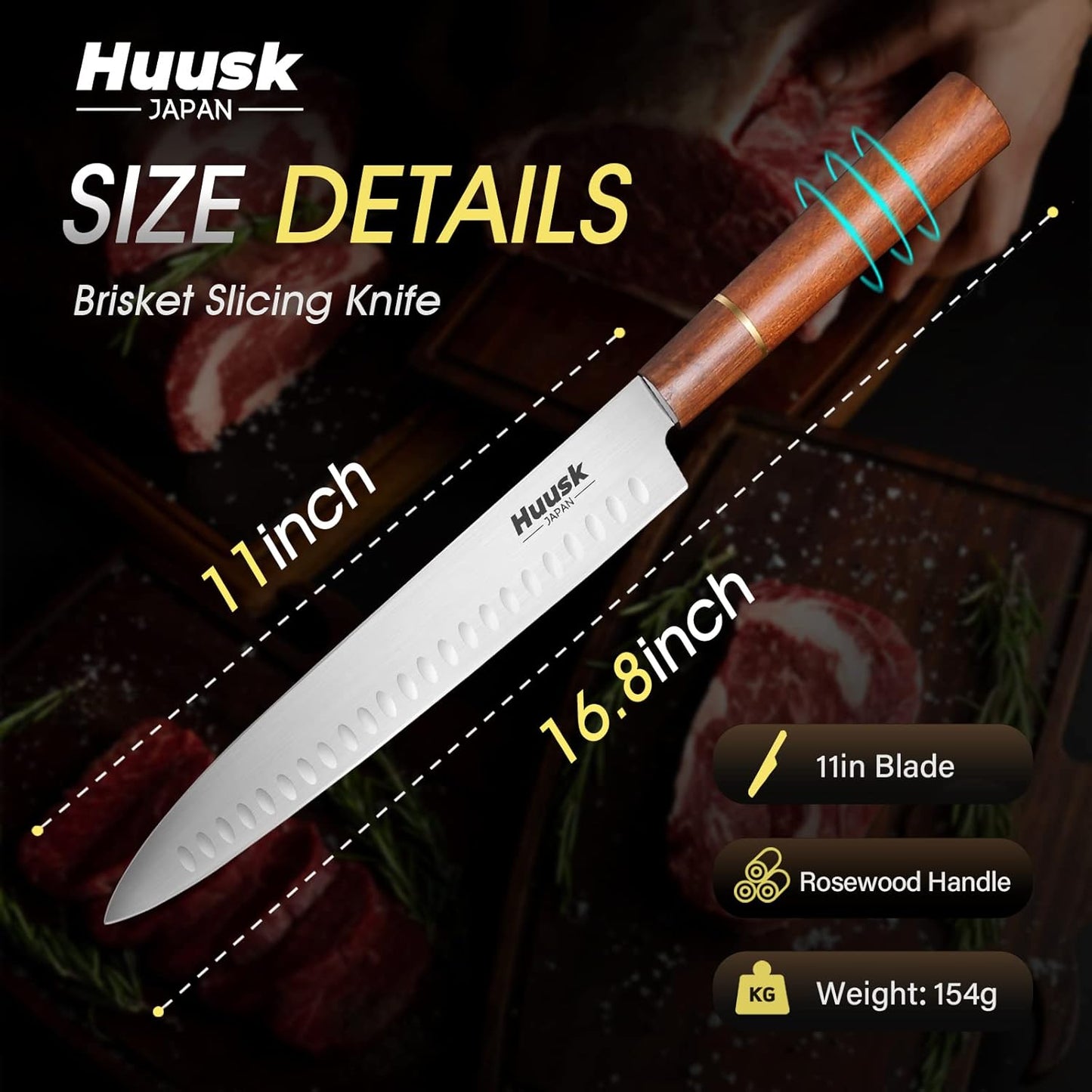 Huusk 12" Brisket Carving Knife, Ultra Sharp Slicing Knife for Meat | Granton Edge, Stainless High Carbon Steel, Meat Trimming Knife for BBQ, Turkey, Rib Roast, Gift for Chef Smoker Men