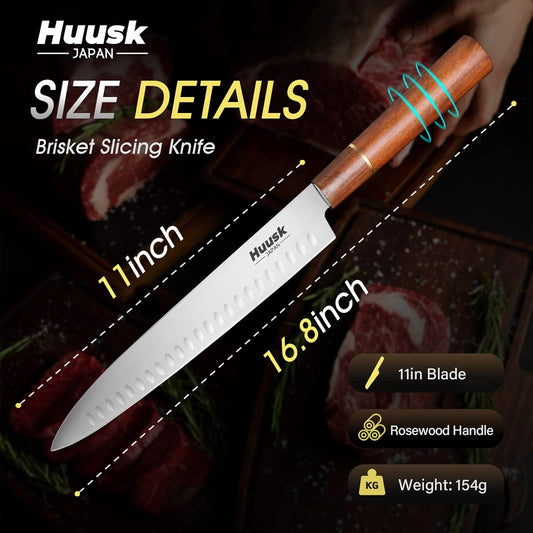 Huusk 12" Brisket Carving Knife, Ultra Sharp Slicing Knife for Meat | Granton Edge, Stainless High Carbon Steel, Meat Trimming Knife for BBQ, Turkey, Rib Roast, Gift for Chef Smoker Men