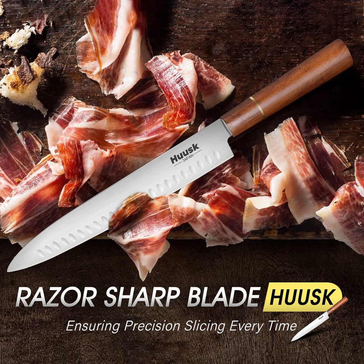 Huusk 12" Brisket Carving Knife, Ultra Sharp Slicing Knife for Meat | Granton Edge, Stainless High Carbon Steel, Meat Trimming Knife for BBQ, Turkey, Rib Roast, Gift for Chef Smoker Men