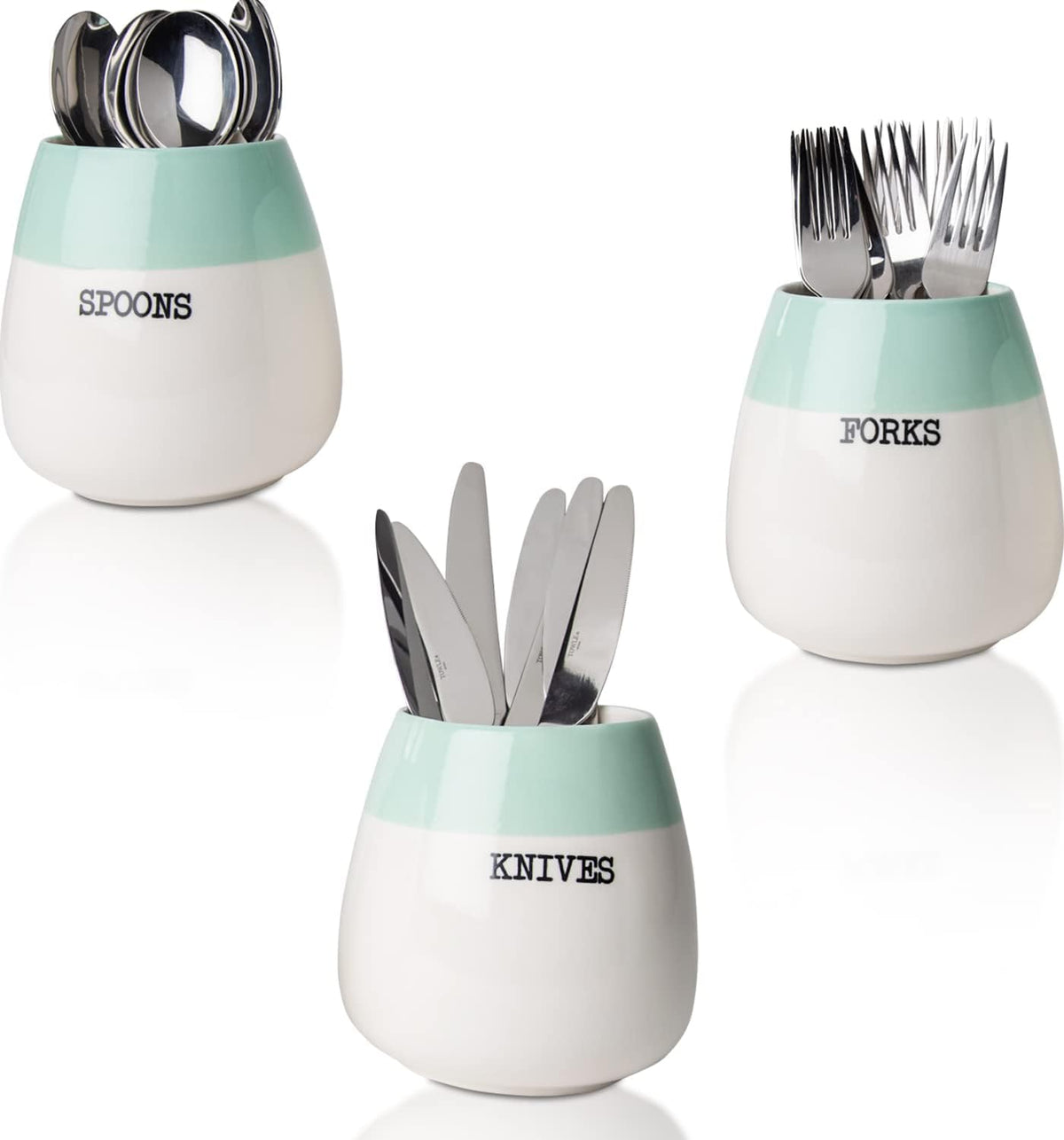 Sage Green Ceramic Honeypot Silverware Caddy – Set of 3 | Sage Green; ceramic; set of 3 honeypot holders; 5"x5"x5.1"H each; fork, spoon, knife; party, kitchen; farmhouse