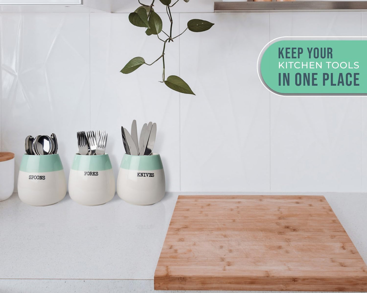 Sage Green Ceramic Honeypot Silverware Caddy – Set of 3 | Sage Green; ceramic; set of 3 honeypot holders; 5"x5"x5.1"H each; fork, spoon, knife; party, kitchen; farmhouse