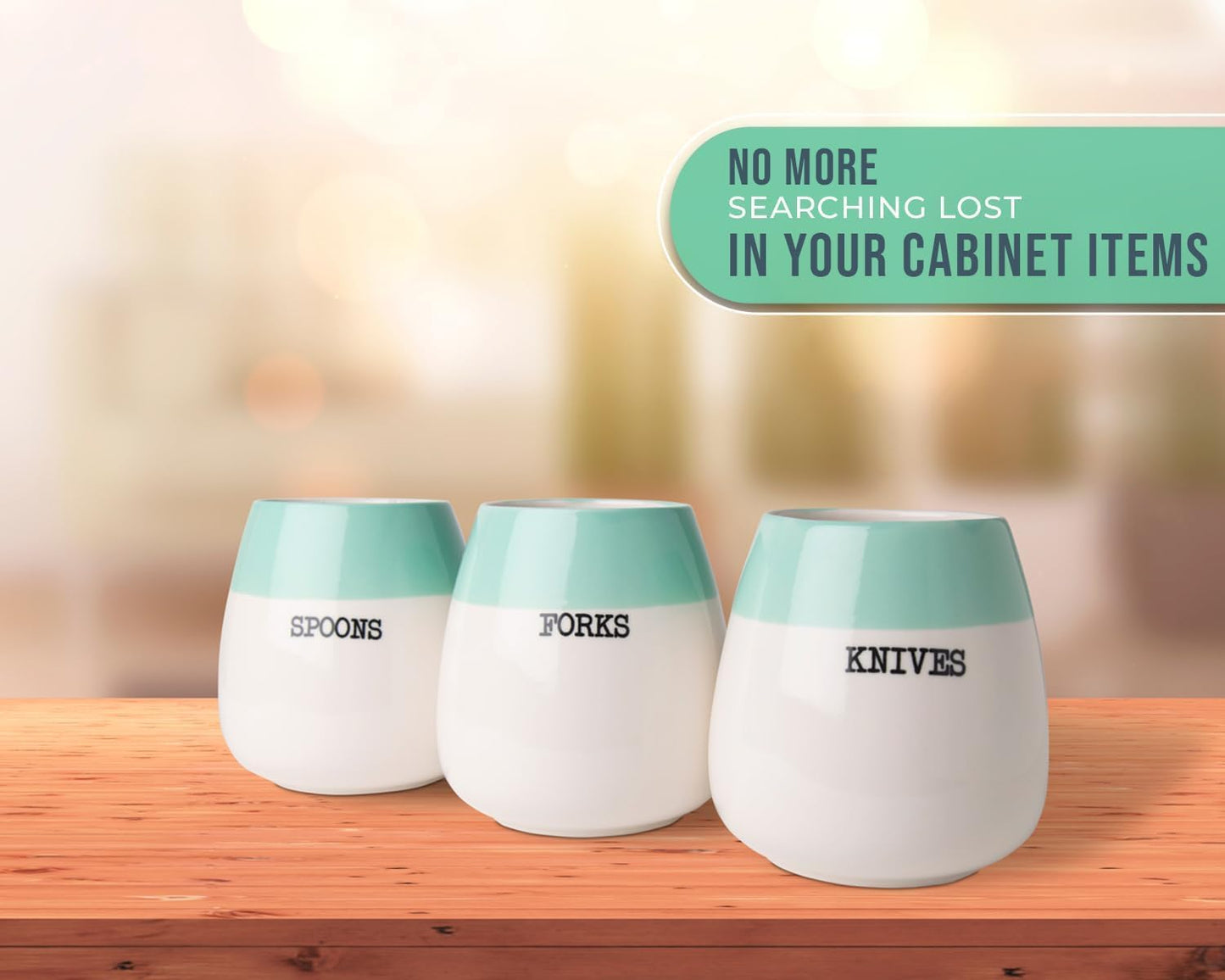 Sage Green Ceramic Honeypot Silverware Caddy – Set of 3 | Sage Green; ceramic; set of 3 honeypot holders; 5"x5"x5.1"H each; fork, spoon, knife; party, kitchen; farmhouse