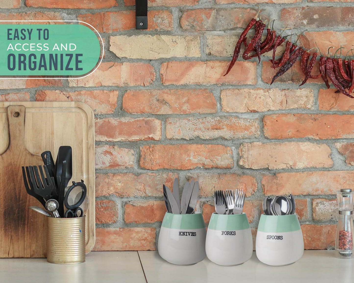 Sage Green Ceramic Honeypot Silverware Caddy – Set of 3 | Sage Green; ceramic; set of 3 honeypot holders; 5"x5"x5.1"H each; fork, spoon, knife; party, kitchen; farmhouse