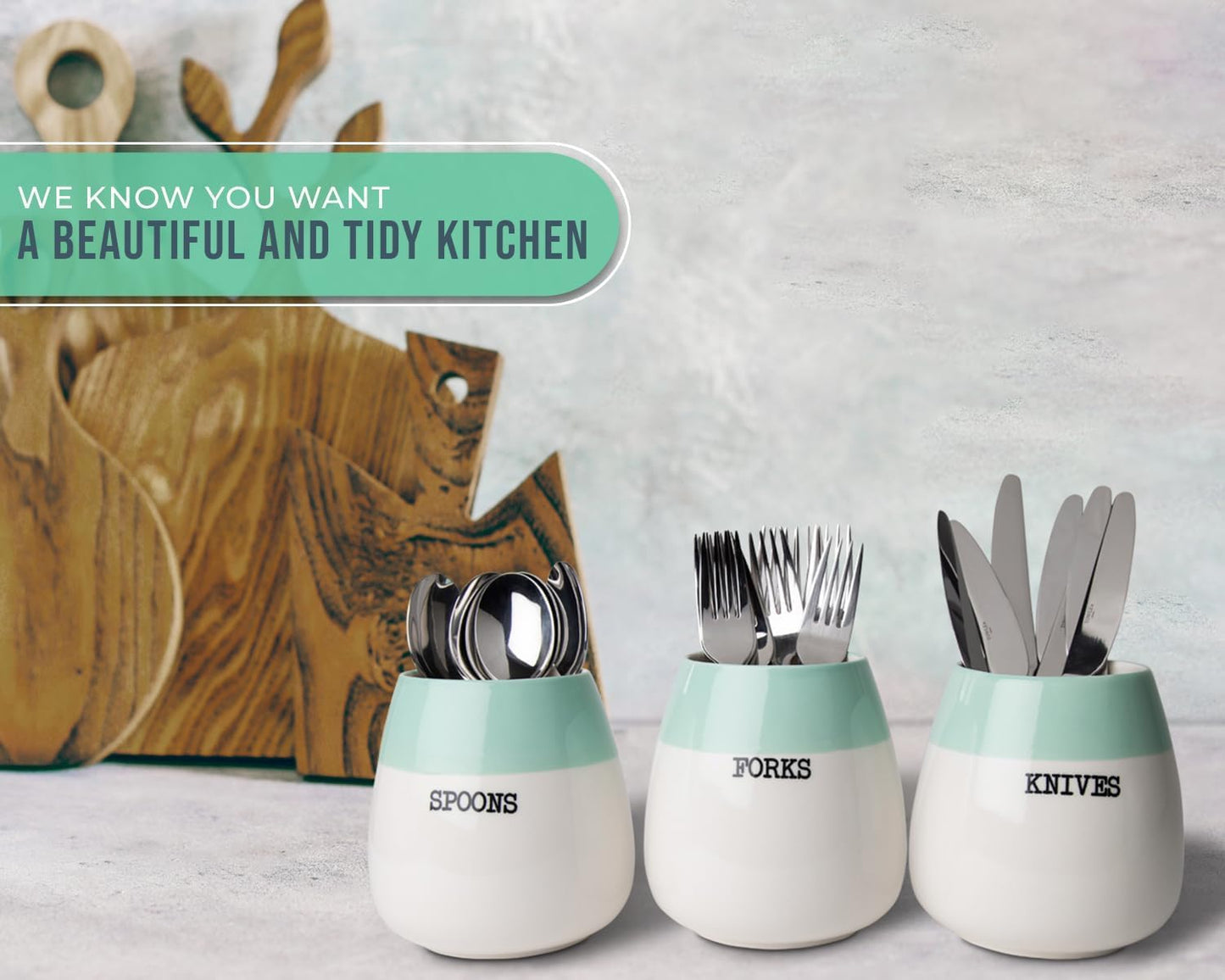 Sage Green Ceramic Honeypot Silverware Caddy – Set of 3 | Sage Green; ceramic; set of 3 honeypot holders; 5"x5"x5.1"H each; fork, spoon, knife; party, kitchen; farmhouse