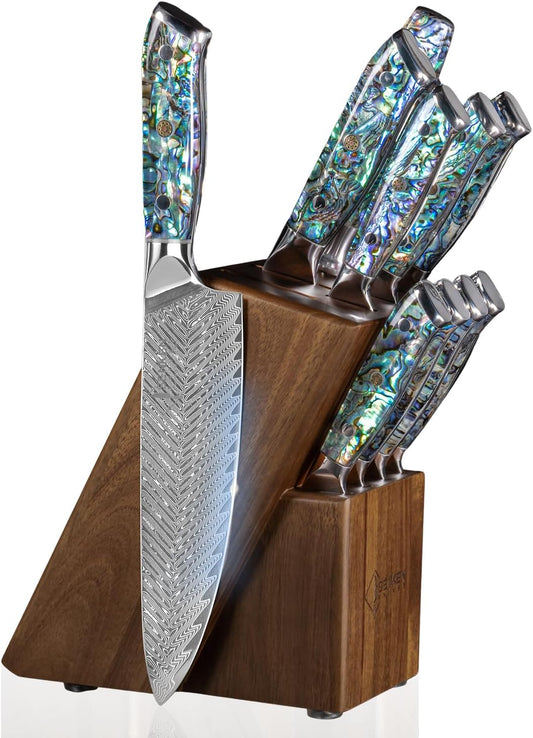 SENKEN 11-Piece Damascus Knife Block Set with Abalone Shell Handle - "Umi" Collection Japanese Chef Knife Set - 67-Layer Japanese VG10 Steel, Chef's Knife, Santoku, Paring, 4 Steak Knives & More