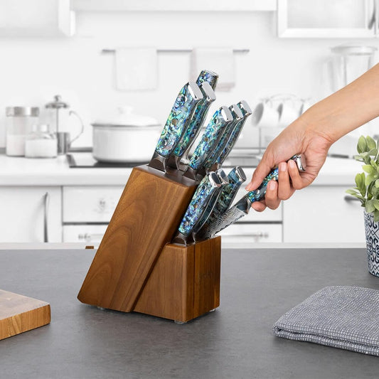SENKEN 11-Piece Damascus Knife Block Set with Abalone Shell Handle - "Umi" Collection Japanese Chef Knife Set - 67-Layer Japanese VG10 Steel, Chef's Knife, Santoku, Paring, 4 Steak Knives & More
