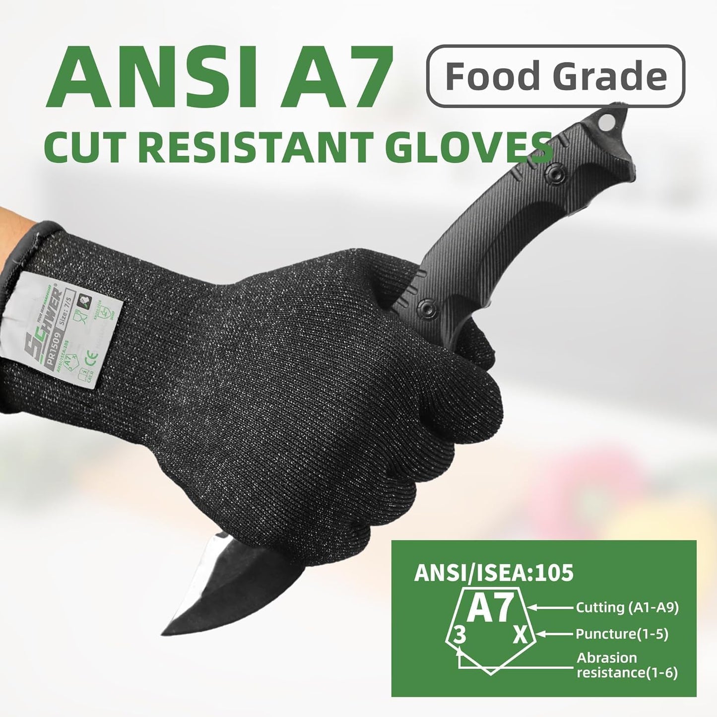 2 Pairs ANSI A7 Cut Resistant Gloves, Mandoline Glove for Kitchen, Breathable & Comfortable, Food Grade Cutting Gloves for Meat Cutting, Fish Processing, Carving, and Shelling, PR1509, M