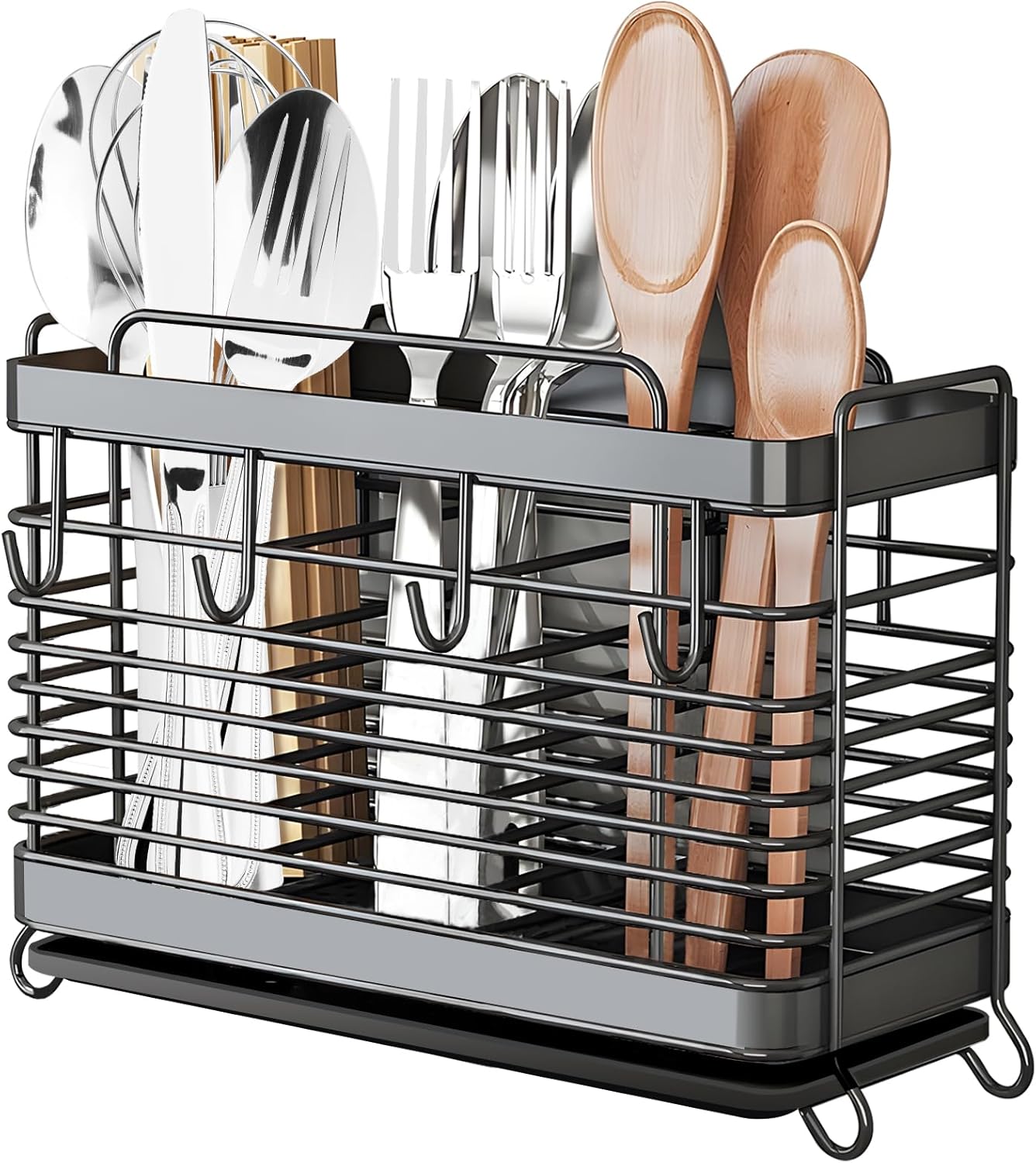 Utensil Holder, Kitchen Utensil Drying Rack with Drain Tray | Stainless Steel, 3 Compartment, Counter Organizer, For Silverware, Cutlery, Flatware, Forks, Knives, Spoons, Chopsticks