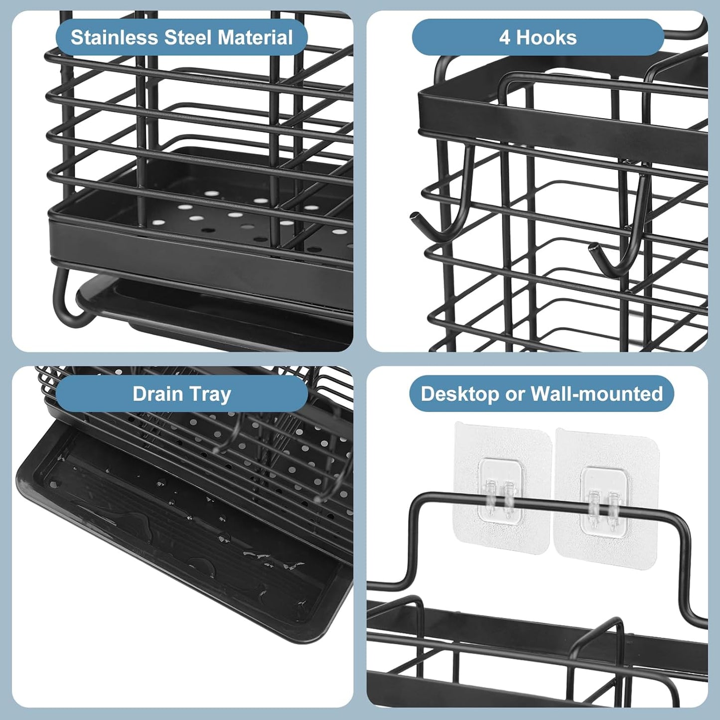 Utensil Holder, Kitchen Utensil Drying Rack with Drain Tray | Stainless Steel, 3 Compartment, Counter Organizer, For Silverware, Cutlery, Flatware, Forks, Knives, Spoons, Chopsticks