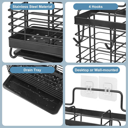 Utensil Holder, Kitchen Utensil Drying Rack with Drain Tray | Stainless Steel, 3 Compartment, Counter Organizer, For Silverware, Cutlery, Flatware, Forks, Knives, Spoons, Chopsticks