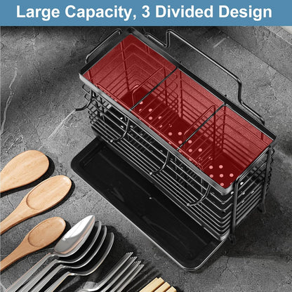 Utensil Holder, Kitchen Utensil Drying Rack with Drain Tray | Stainless Steel, 3 Compartment, Counter Organizer, For Silverware, Cutlery, Flatware, Forks, Knives, Spoons, Chopsticks