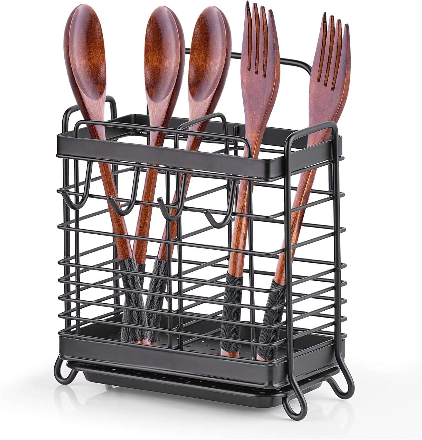 Utensil Holder, Kitchen Utensil Drying Rack with Drain Tray | Stainless Steel, 3 Compartment, Counter Organizer, For Silverware, Cutlery, Flatware, Forks, Knives, Spoons, Chopsticks