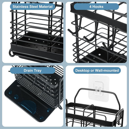 Utensil Holder, Kitchen Utensil Drying Rack with Drain Tray | Stainless Steel, 3 Compartment, Counter Organizer, For Silverware, Cutlery, Flatware, Forks, Knives, Spoons, Chopsticks