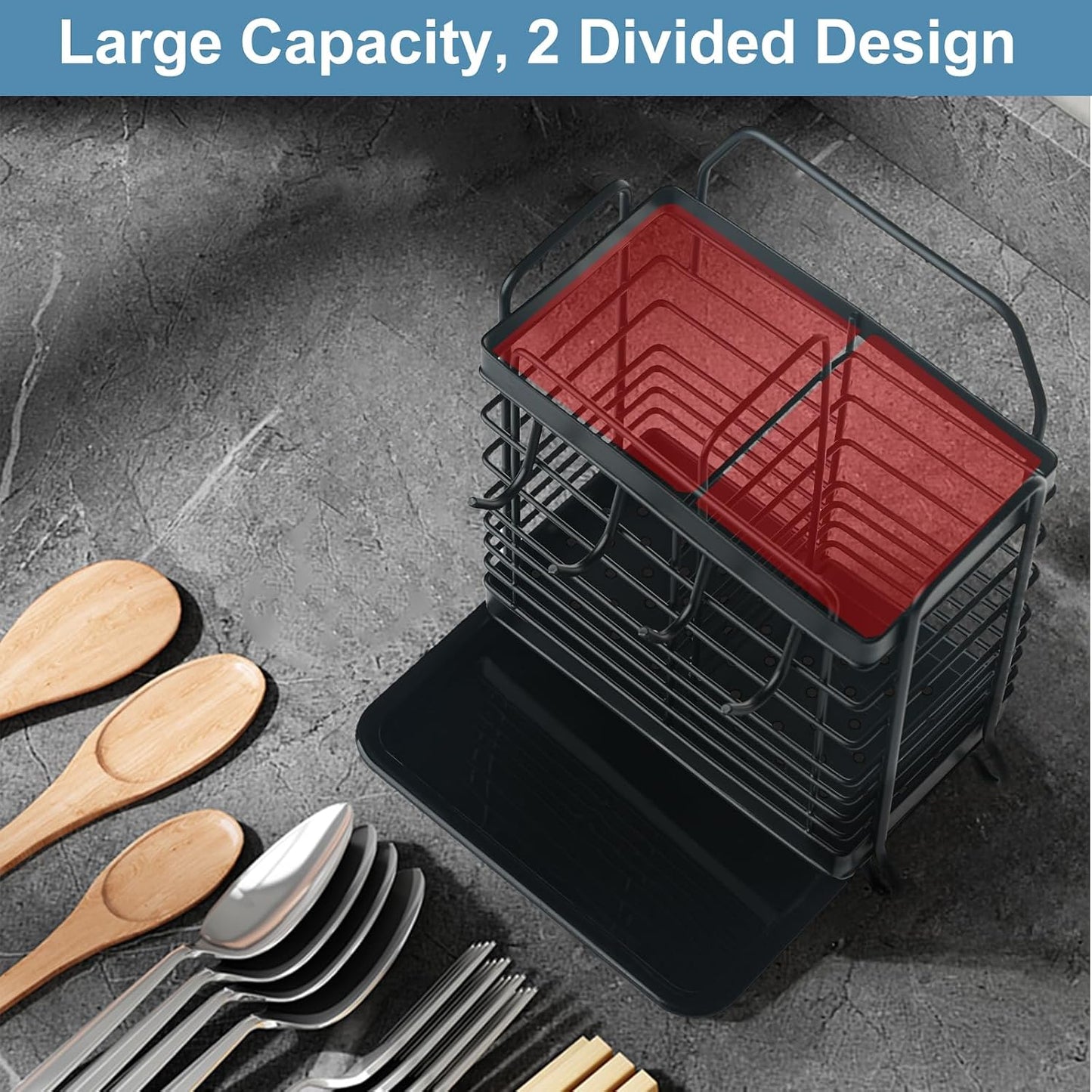 Utensil Holder, Kitchen Utensil Drying Rack with Drain Tray | Stainless Steel, 3 Compartment, Counter Organizer, For Silverware, Cutlery, Flatware, Forks, Knives, Spoons, Chopsticks