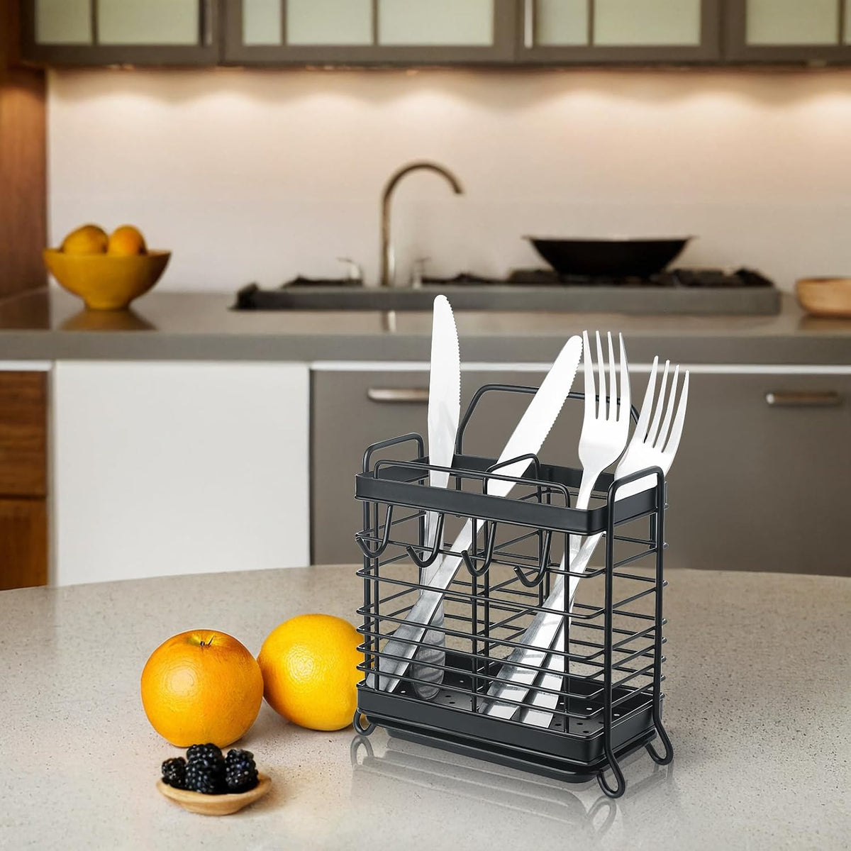 Utensil Holder, Kitchen Utensil Drying Rack with Drain Tray | Stainless Steel, 3 Compartment, Counter Organizer, For Silverware, Cutlery, Flatware, Forks, Knives, Spoons, Chopsticks