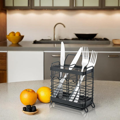 Utensil Holder, Kitchen Utensil Drying Rack with Drain Tray | Stainless Steel, 3 Compartment, Counter Organizer, For Silverware, Cutlery, Flatware, Forks, Knives, Spoons, Chopsticks