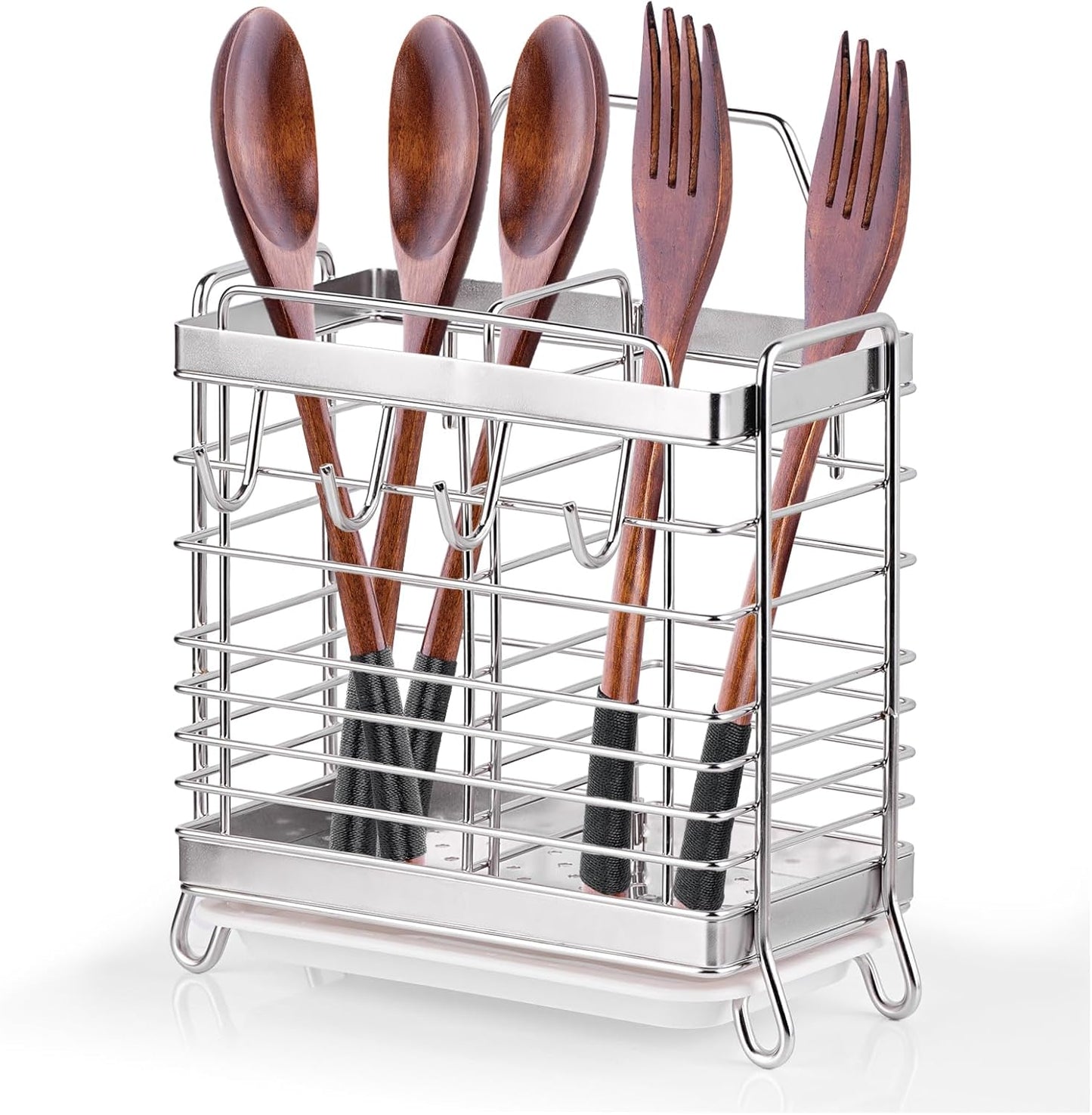 Utensil Holder, Kitchen Utensil Drying Rack with Drain Tray | Stainless Steel, 3 Compartment, Counter Organizer, For Silverware, Cutlery, Flatware, Forks, Knives, Spoons, Chopsticks