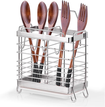 Utensil Holder, Kitchen Utensil Drying Rack with Drain Tray | Stainless Steel, 3 Compartment, Counter Organizer, For Silverware, Cutlery, Flatware, Forks, Knives, Spoons, Chopsticks