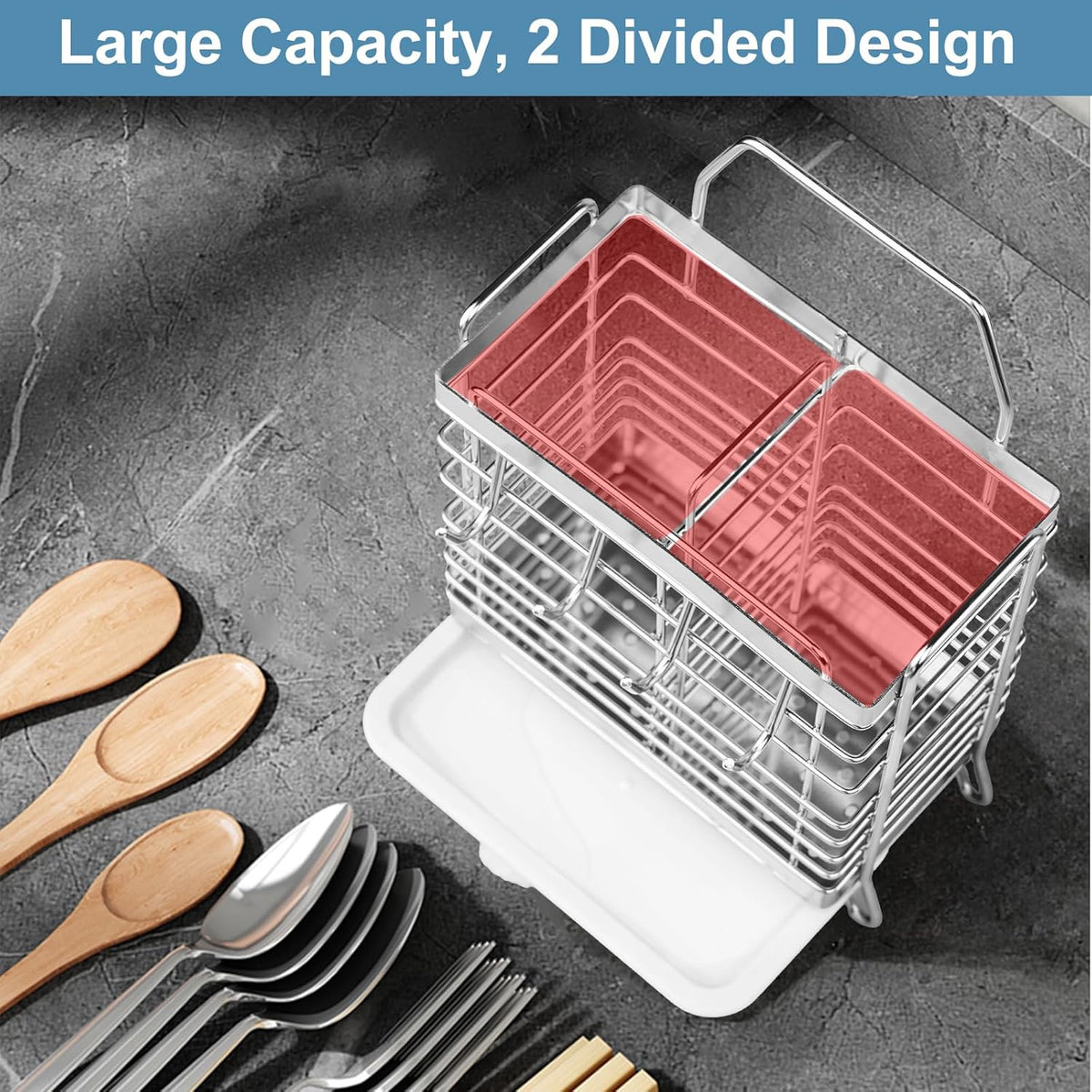Utensil Holder, Kitchen Utensil Drying Rack with Drain Tray | Stainless Steel, 3 Compartment, Counter Organizer, For Silverware, Cutlery, Flatware, Forks, Knives, Spoons, Chopsticks