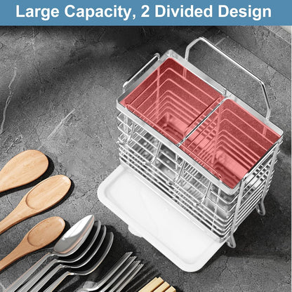 Utensil Holder, Kitchen Utensil Drying Rack with Drain Tray | Stainless Steel, 3 Compartment, Counter Organizer, For Silverware, Cutlery, Flatware, Forks, Knives, Spoons, Chopsticks