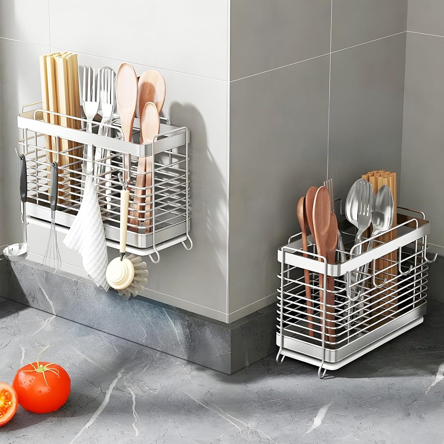Utensil Holder, Kitchen Utensil Drying Rack with Drain Tray | Stainless Steel, 3 Compartment, Counter Organizer, For Silverware, Cutlery, Flatware, Forks, Knives, Spoons, Chopsticks