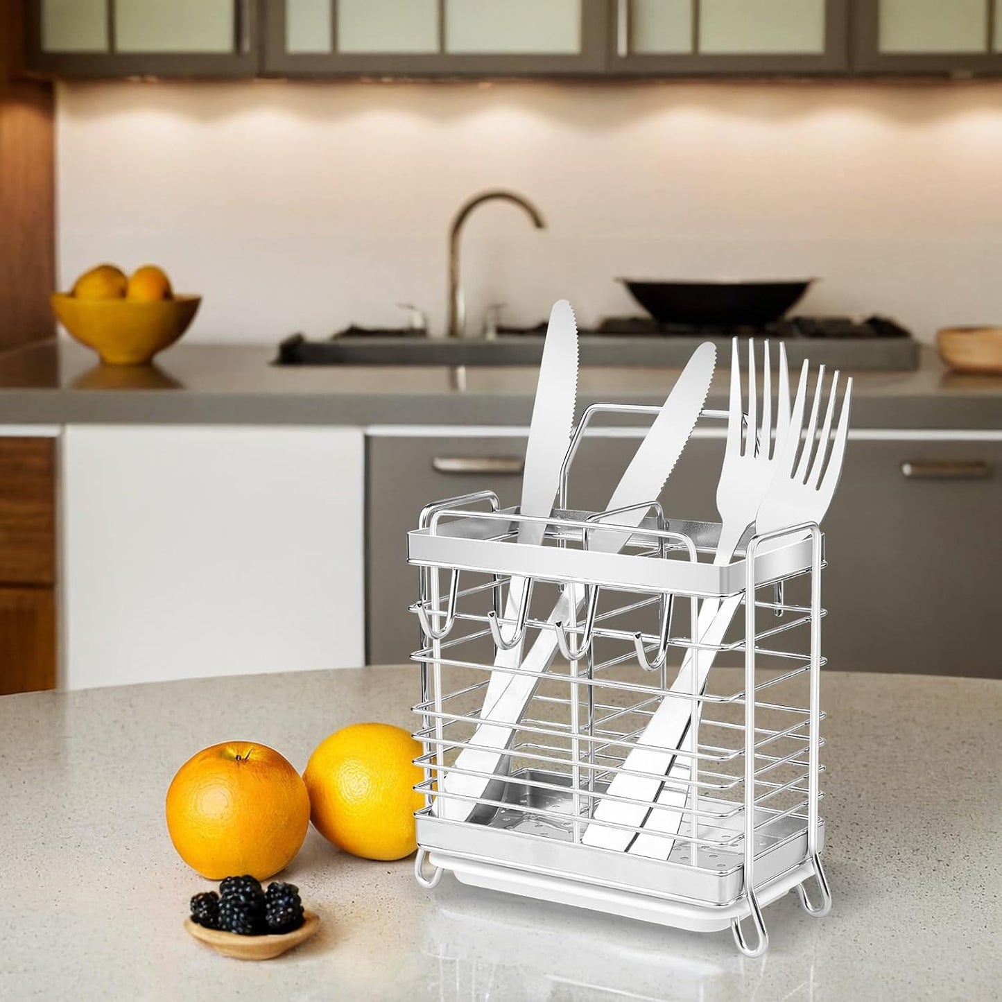 Utensil Holder, Kitchen Utensil Drying Rack with Drain Tray | Stainless Steel, 3 Compartment, Counter Organizer, For Silverware, Cutlery, Flatware, Forks, Knives, Spoons, Chopsticks