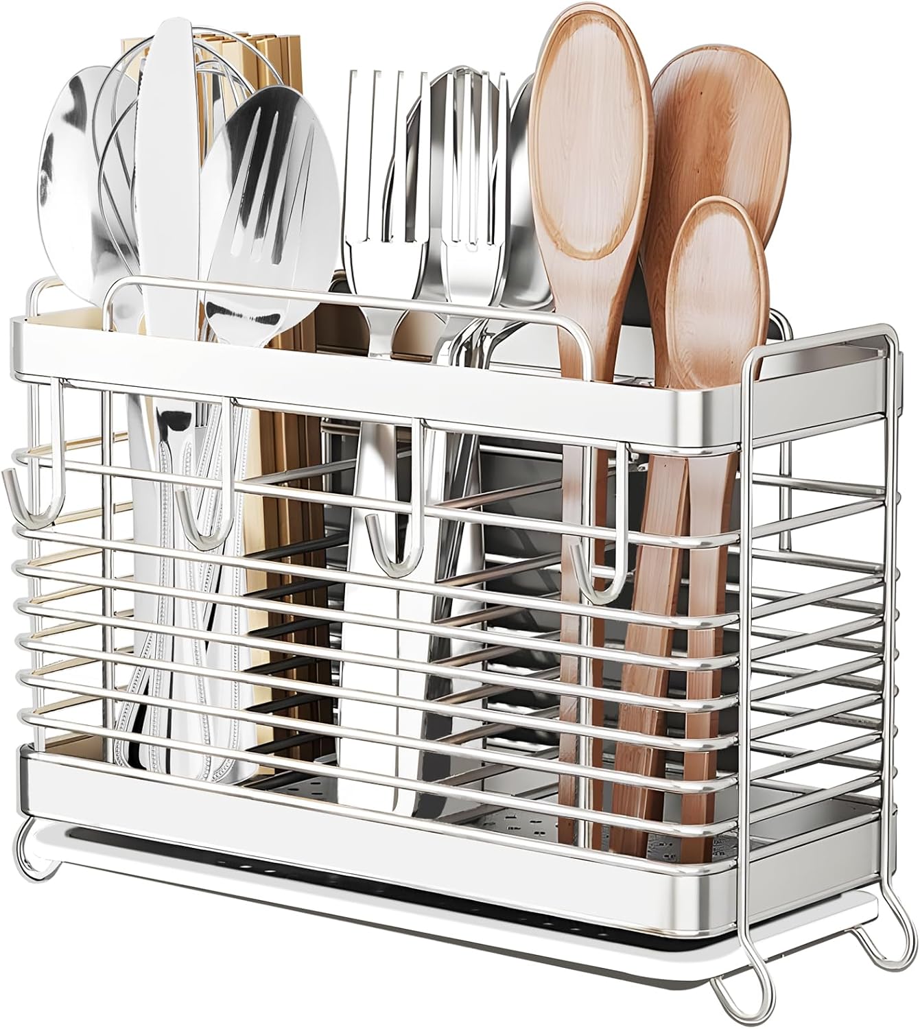 Utensil Holder, Kitchen Utensil Drying Rack with Drain Tray | Stainless Steel, 3 Compartment, Counter Organizer, For Silverware, Cutlery, Flatware, Forks, Knives, Spoons, Chopsticks