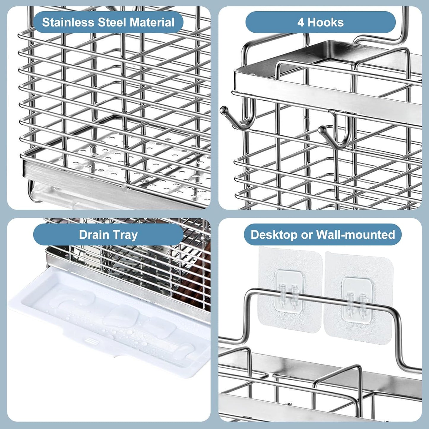 Utensil Holder, Kitchen Utensil Drying Rack with Drain Tray | Stainless Steel, 3 Compartment, Counter Organizer, For Silverware, Cutlery, Flatware, Forks, Knives, Spoons, Chopsticks