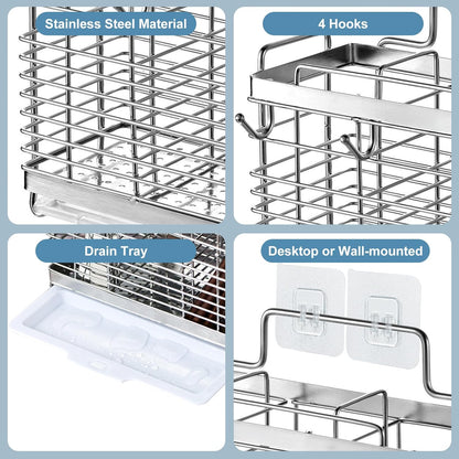 Utensil Holder, Kitchen Utensil Drying Rack with Drain Tray | Stainless Steel, 3 Compartment, Counter Organizer, For Silverware, Cutlery, Flatware, Forks, Knives, Spoons, Chopsticks