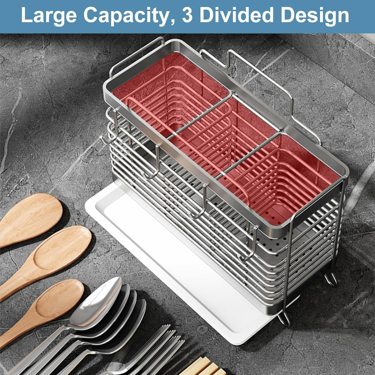 Utensil Holder, Kitchen Utensil Drying Rack with Drain Tray | Stainless Steel, 3 Compartment, Counter Organizer, For Silverware, Cutlery, Flatware, Forks, Knives, Spoons, Chopsticks