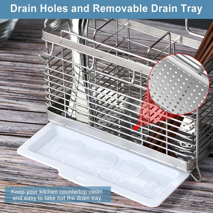 Utensil Holder, Kitchen Utensil Drying Rack with Drain Tray | Stainless Steel, 3 Compartment, Counter Organizer, For Silverware, Cutlery, Flatware, Forks, Knives, Spoons, Chopsticks
