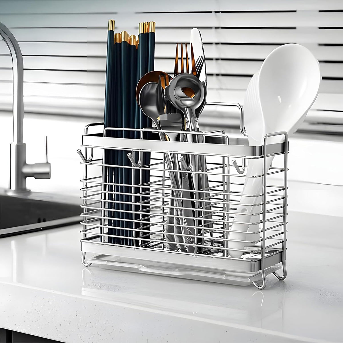 Utensil Holder, Kitchen Utensil Drying Rack with Drain Tray | Stainless Steel, 3 Compartment, Counter Organizer, For Silverware, Cutlery, Flatware, Forks, Knives, Spoons, Chopsticks