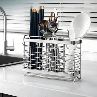 Utensil Holder, Kitchen Utensil Drying Rack with Drain Tray | Stainless Steel, 3 Compartment, Counter Organizer, For Silverware, Cutlery, Flatware, Forks, Knives, Spoons, Chopsticks