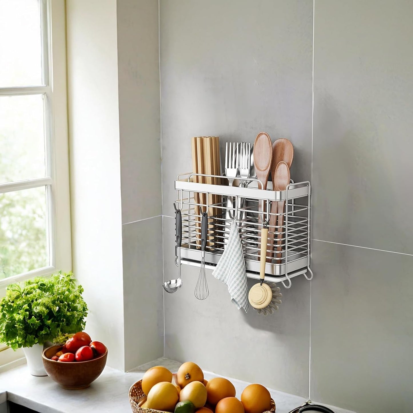 Utensil Holder, Kitchen Utensil Drying Rack with Drain Tray | Stainless Steel, 3 Compartment, Counter Organizer, For Silverware, Cutlery, Flatware, Forks, Knives, Spoons, Chopsticks