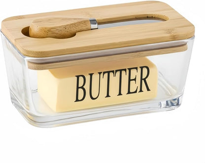Glass Butter Dish with Bamboo Lid and Knife, 500 mL Airtight Cheese Storage Container for Countertop Butter Keeper for Fridge (Smooth, 16 fl oz)