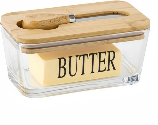 Glass Butter Dish with Bamboo Lid and Knife, 500 mL Airtight Cheese Storage Container for Countertop Butter Keeper for Fridge (Smooth, 16 fl oz)