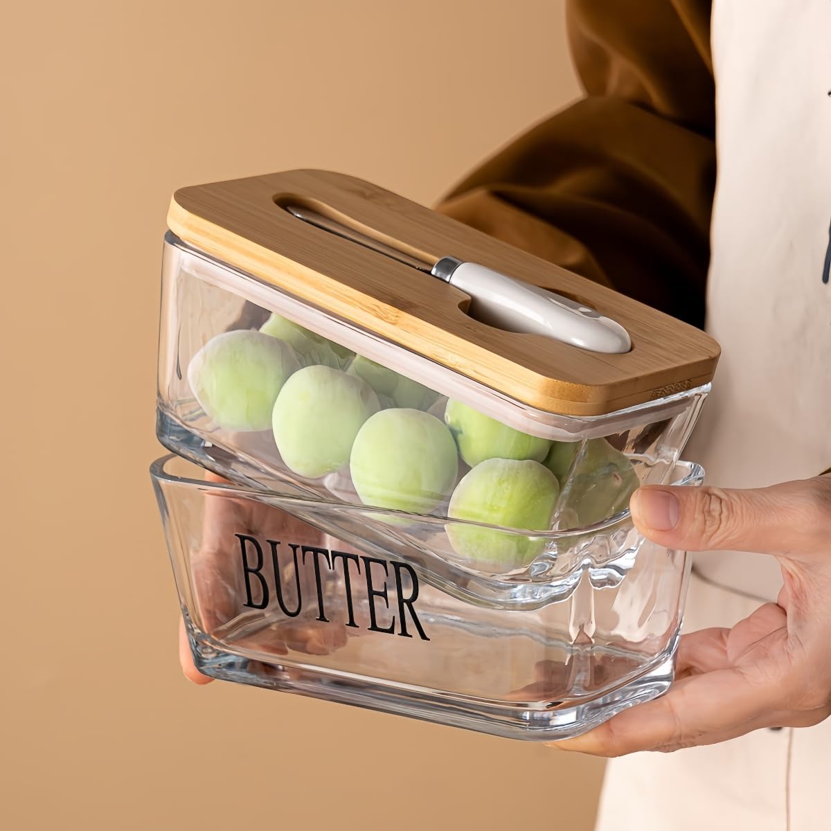 Glass Butter Dish with Bamboo Lid and Knife, 500 mL Airtight Cheese Storage Container for Countertop Butter Keeper for Fridge (Smooth, 16 fl oz)