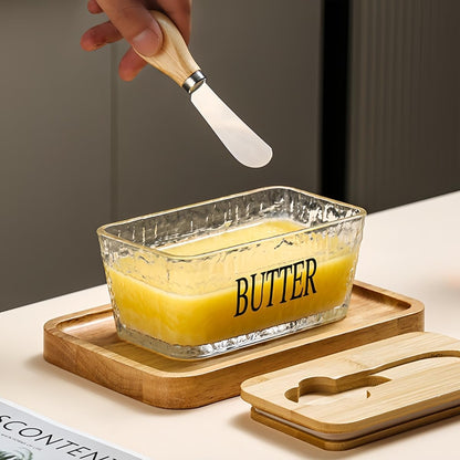 Glass Butter Dish with Bamboo Lid and Knife, 500 mL Airtight Cheese Storage Container for Countertop Butter Keeper for Fridge (Smooth, 16 fl oz)