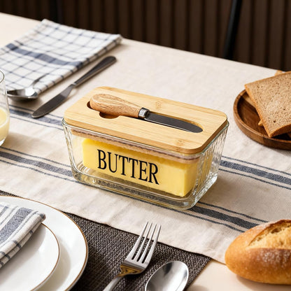 Glass Butter Dish with Bamboo Lid and Knife, 500 mL Airtight Cheese Storage Container for Countertop Butter Keeper for Fridge (Smooth, 16 fl oz)