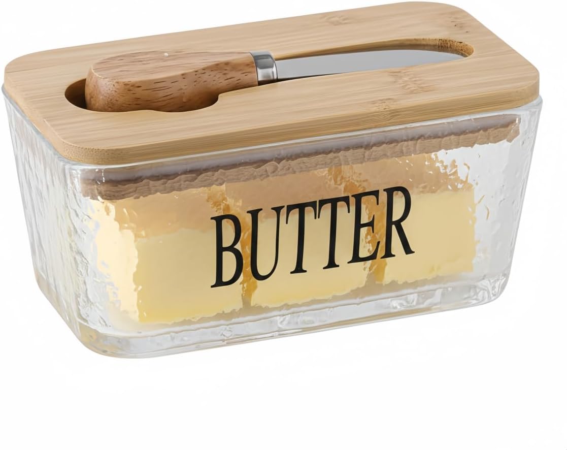 Glass Butter Dish with Bamboo Lid and Knife, 500 mL Airtight Cheese Storage Container for Countertop Butter Keeper for Fridge (Smooth, 16 fl oz)