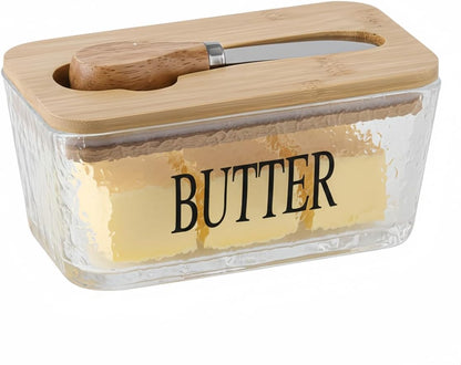 Glass Butter Dish with Bamboo Lid and Knife, 500 mL Airtight Cheese Storage Container for Countertop Butter Keeper for Fridge (Smooth, 16 fl oz)