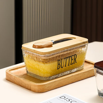 Glass Butter Dish with Bamboo Lid and Knife, 500 mL Airtight Cheese Storage Container for Countertop Butter Keeper for Fridge (Smooth, 16 fl oz)