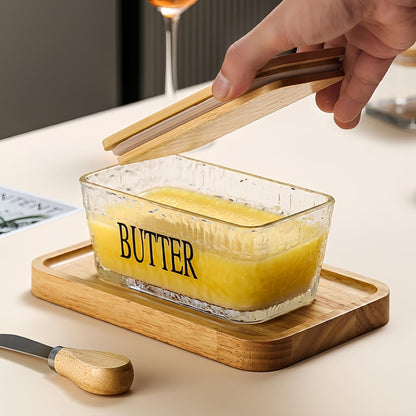 Glass Butter Dish with Bamboo Lid and Knife, 500 mL Airtight Cheese Storage Container for Countertop Butter Keeper for Fridge (Smooth, 16 fl oz)