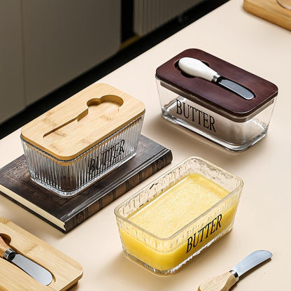 Glass Butter Dish with Bamboo Lid and Knife, 500 mL Airtight Cheese Storage Container for Countertop Butter Keeper for Fridge (Smooth, 16 fl oz)