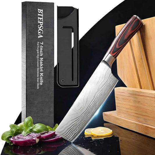7" Nakiri Knife, High Carbon Stainless Steel Vegetable Cleaver | Razor-sharp multipurpose blade for meat & veggies, non-slip handle, premium gift box, perfect housewarming gift