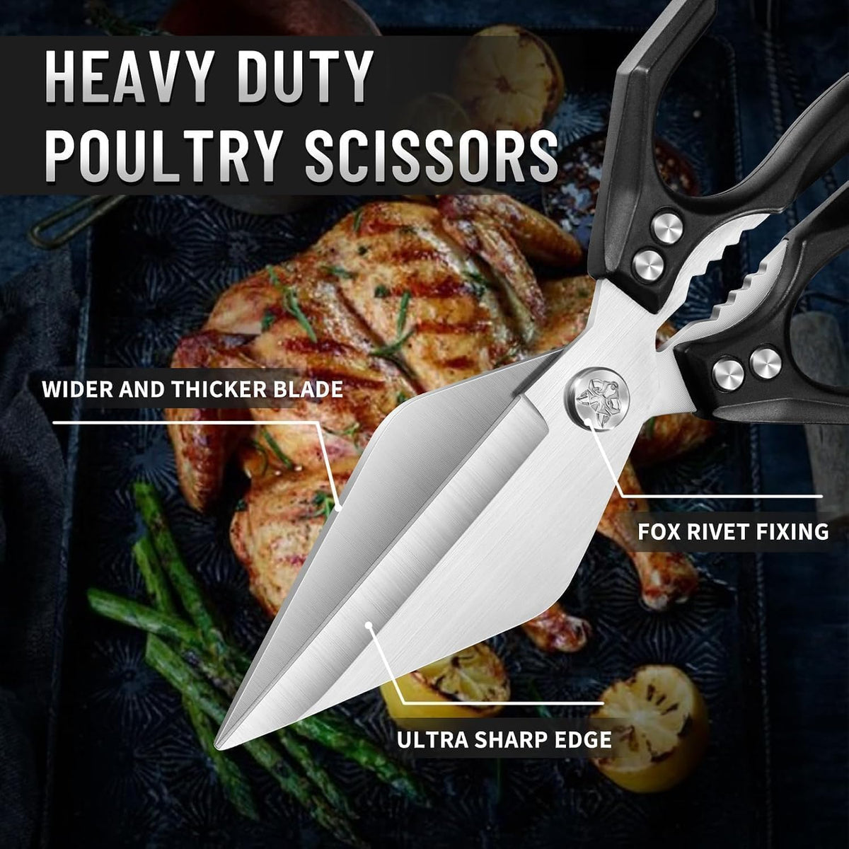 Heavy Duty Poultry Shears for Food with Red Ergonomic Handle