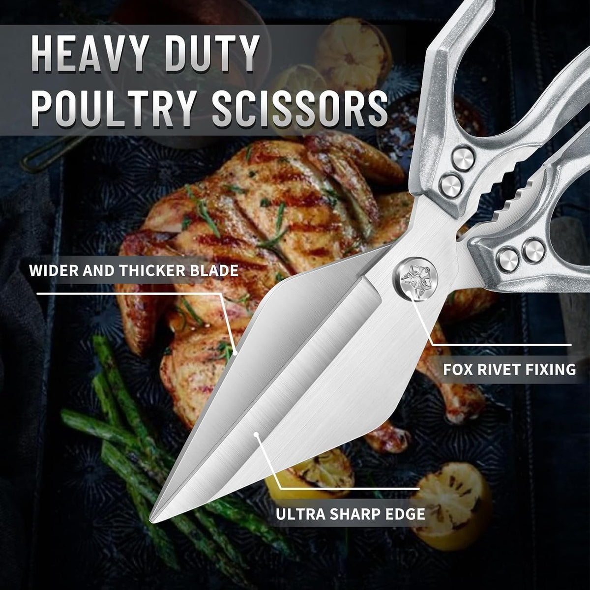 Heavy Duty Poultry Shears for Food with Red Ergonomic Handle